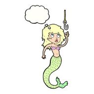 cartoon mermaid and fish hook with thought bubble N9