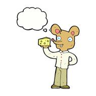 cartoon mouse holding cheese with thought bubble N10