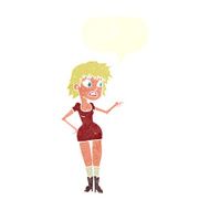 cartoon worried woman in dress pointing with speech bubble N10