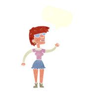 cartoon woman in spectacles waving with speech bubble N10