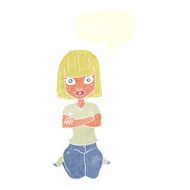 cartoon woman kneeling with speech bubble N10