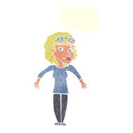 cartoon woman wearing goggles with speech bubble N10