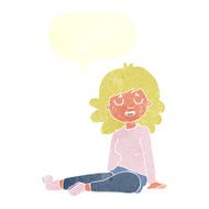 cartoon happy woman sitting on floor with speech bubble N19