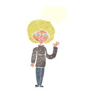 cartoon woman waving with speech bubble N308