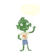 cartoon waving fish boy with speech bubble N10