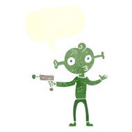 cartoon alien with ray gun speech bubble N9