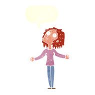 cartoon curious woman looking upwards with speech bubble N10
