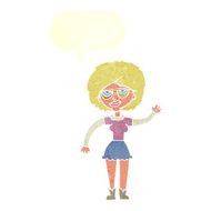 cartoon waving woman wearing spectacles with speech bubble N10