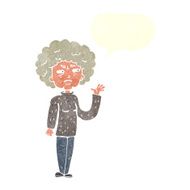 cartoon annoyed old woman waving with speech bubble N10