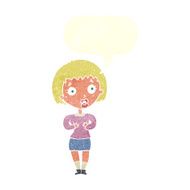 cartoon woman making Who Me? gesture with speech bubble N42