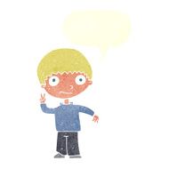 cartoon boy giving peace sign with speech bubble N9