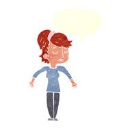cartoon friendly woman shrugging shoulders with speech bubble N10