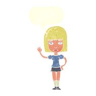 cartoon woman waving with speech bubble N310