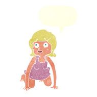 cartoon woman on all fours with speech bubble N19