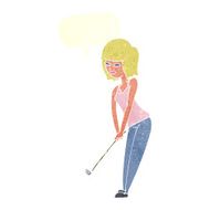 cartoon woman playing golf with speech bubble N19