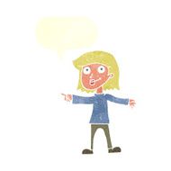 cartoon happy woman pointing with speech bubble N64