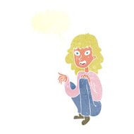 cartoon happy woman sitting and pointing with speech bubble N10