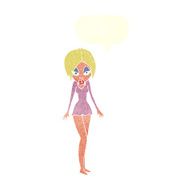 cartoon woman in short dress with speech bubble N10