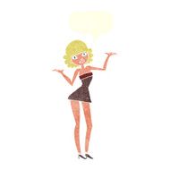cartoon woman in cocktail dress with speech bubble N19