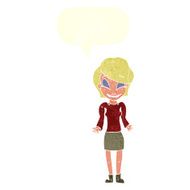 cartoon happy woman shrugging shoulders with speech bubble N19