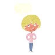 cartoon woman making Who Me? gesture with speech bubble N43