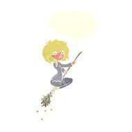 cartoon witch riding broomstick with speech bubble N19