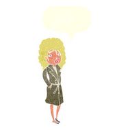 cartoon woman in trench coat with speech bubble N28