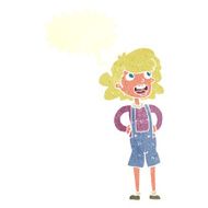 cartoon woman in dungarees with speech bubble N10