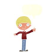 cartoon happy waving boy with speech bubble N19