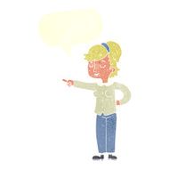 cartoon friendly woman pointing with speech bubble N10