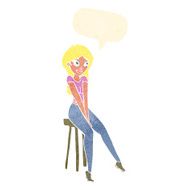 cartoon pretty girl on stool with speech bubble N8