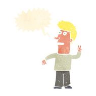 cartoon man making peace sign with speech bubble N10