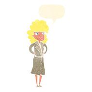 cartoon woman in trench coat with speech bubble N29