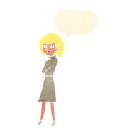 cartoon woman in trench coat with speech bubble N30