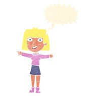 cartoon happy woman pointing with speech bubble N65