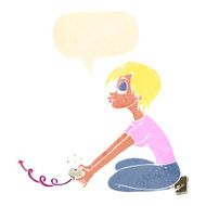 cartoon girl playing computer games with speech bubble N9