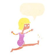 cartoon happy woman kicking with speech bubble N10