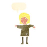 cartoon woman in patched clothing with speech bubble N10