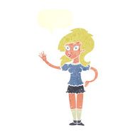 cartoon pretty woman waving for attention with speech bubble N10
