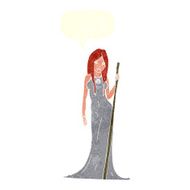 cartoon sorceress with speech bubble N9