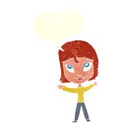 cartoon happy woman waving arms with speech bubble N10