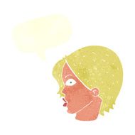 cartoon female face staring with speech bubble N3