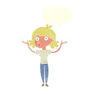 cartoon woman throwing arms in air with speech bubble N9