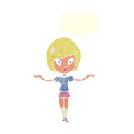 cartoon woman making balancing gesture with speech bubble N10