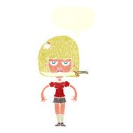 cartoon woman with knife between teeth speech bubble N35