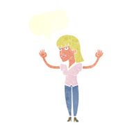 cartoon woman throwing hands in air with speech bubble N10