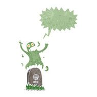 cartoon ghost rising from grave with speech bubble N25