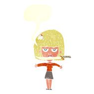 cartoon woman with knife between teeth speech bubble N36