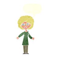 cartoon woman wearing glasses with speech bubble N19