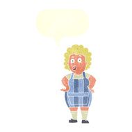 cartoon woman in kitchen apron with speech bubble N8